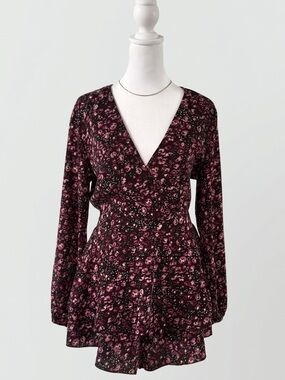 Floral V Neck Long Sleeve Romper Burgundy Pink Ruffle Bubble Sleeve Front Tie
